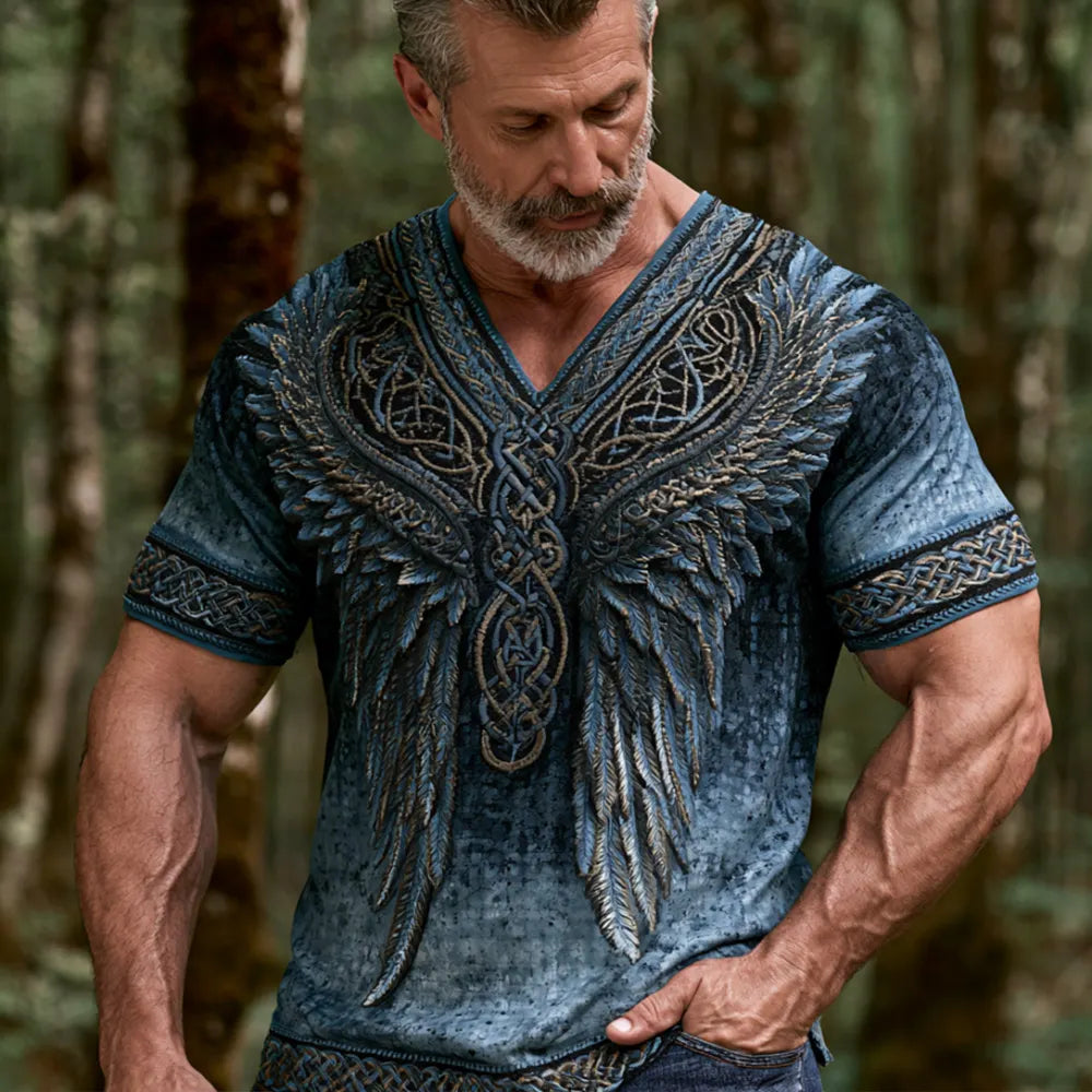 Cardydony Viking Wings And Celtic Knot Art Embroidery Cotton Linen V-neck Short Sleeve Top