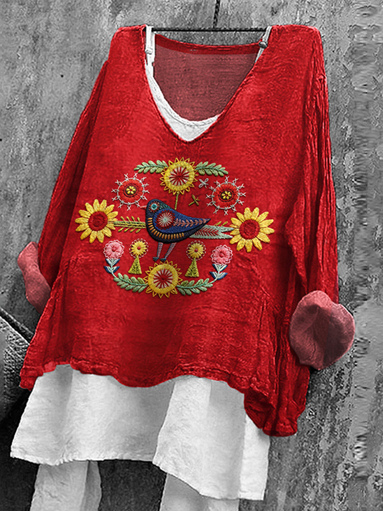 Cardydony Women's Flower And Bird Embroidery Art V-neck Shirt