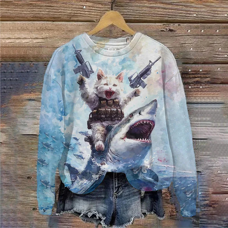 Cardydony Women's Casual Ocean Shark Funny Black Cat Print Sweatshirt