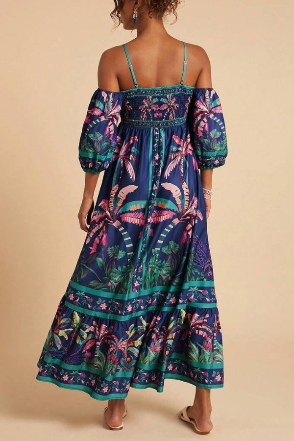 Cardydony Women's Coconut Tree Print Off-shoulder Half Sleeve Casual Vacation Maxi Dress