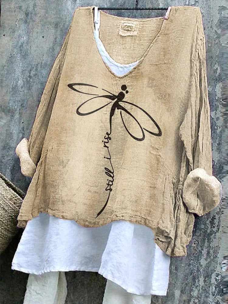 Cardydony Dragonfly Print Linen Blend Casual Vintage Shirt