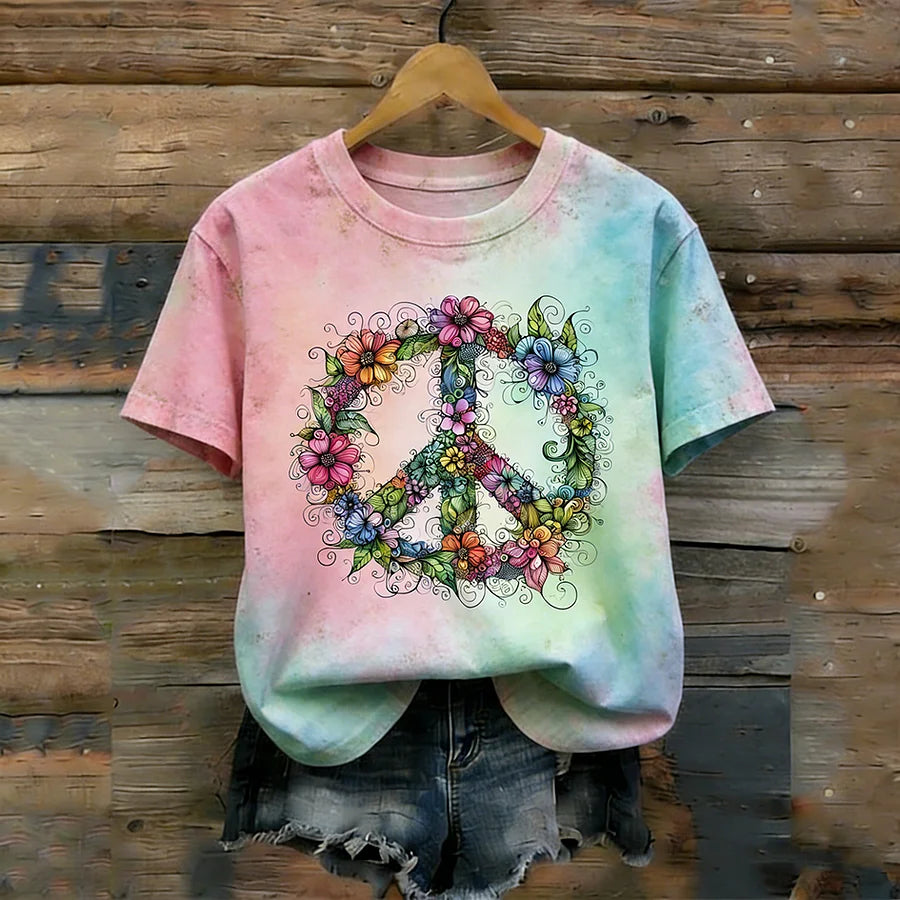 Cardydony Retro Color Plant Flower And Peace Sign Pattern Printed Short-sleeve T-shirt