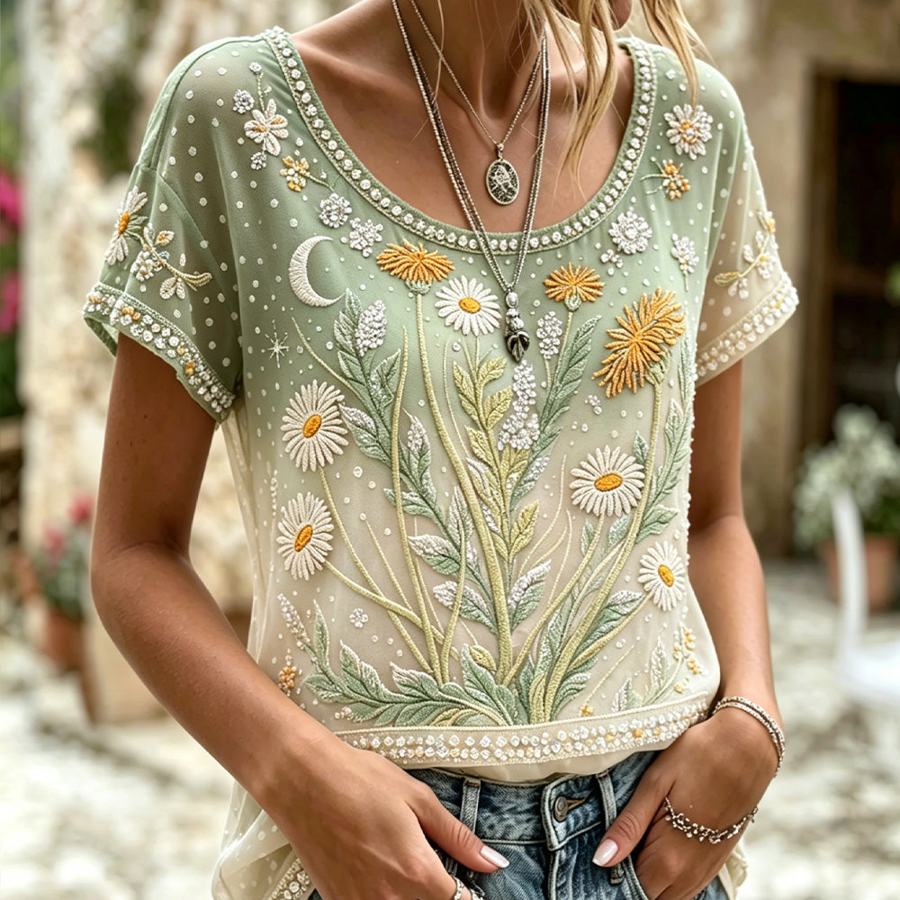 Cardydony Bohemian Daisy Moon Embroidered Ombre Sage Green Short Sleeve Top