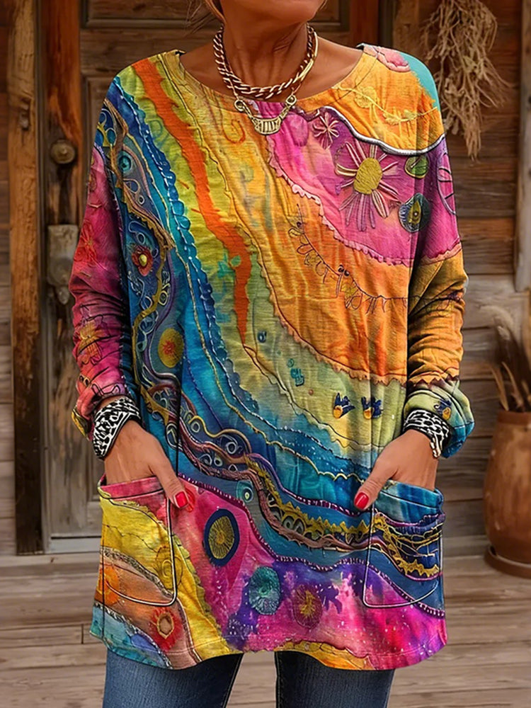 Cardydony Women's Peace Tie-dye Rainbow Art Pattern Casual Long-sleeve Pocket T-shirt