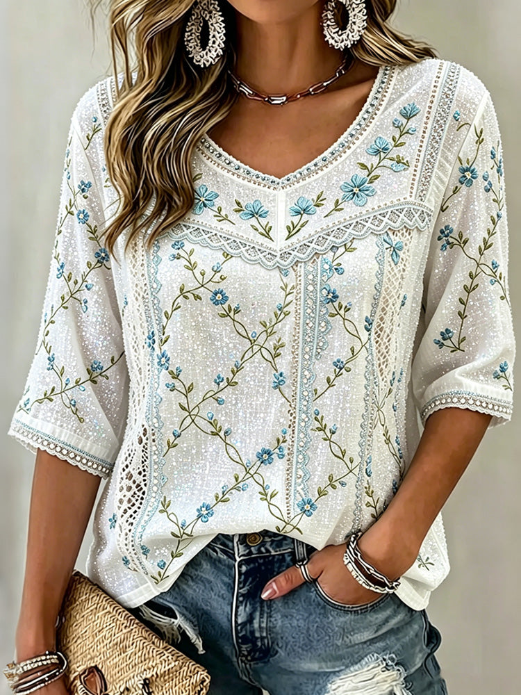 Cardydony Women's Retro Floral Embroidered Art Flowy Linen Blend Three Quarter Sleeves T-shirt