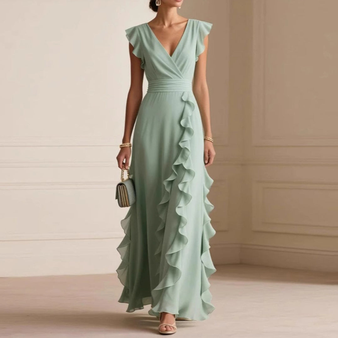 Cardydony Solid Color Pleated Ruffles V-neck Maxi Dress