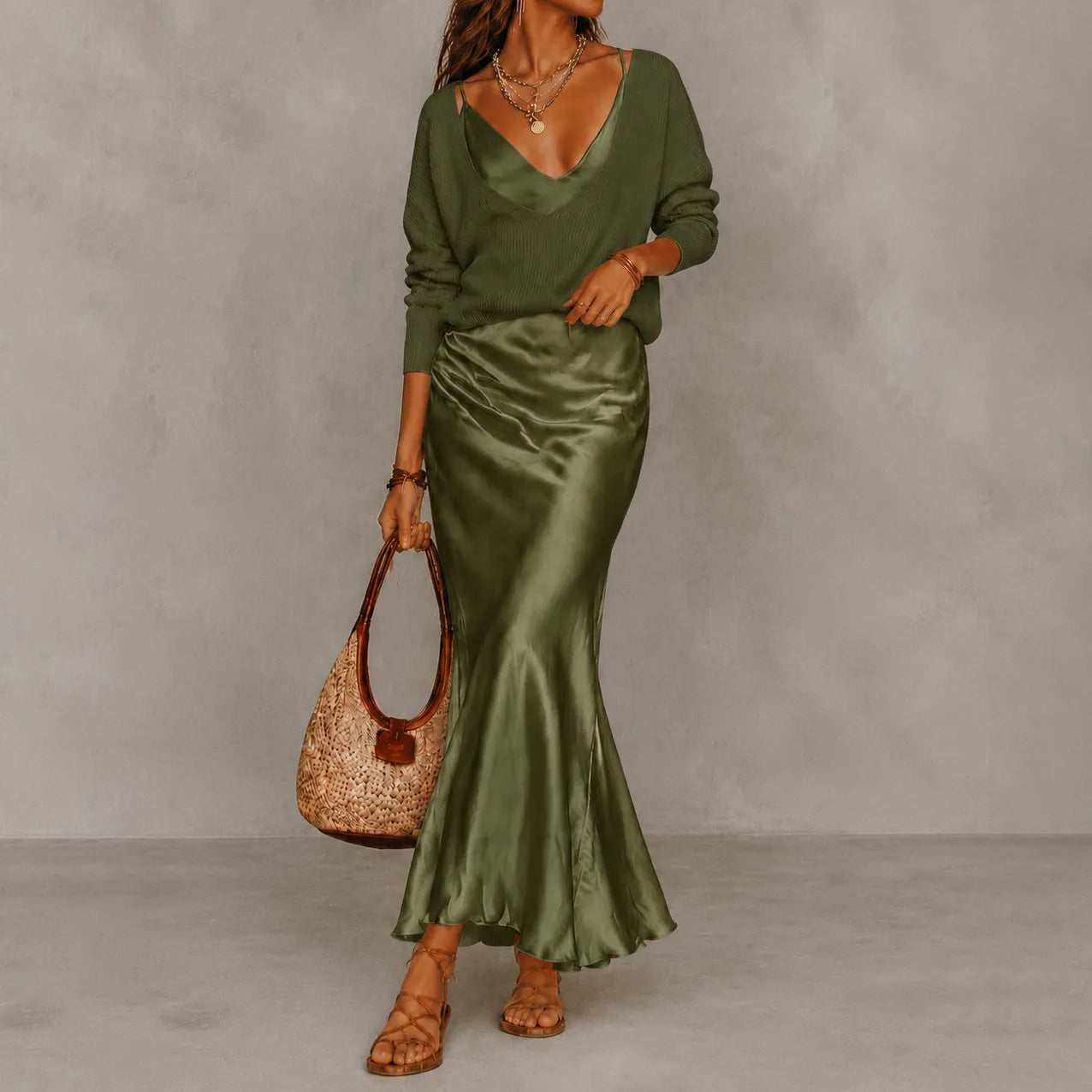 Cardydony Elegance Long-sleeved Knit Top + Satin Slip Dress Two-piece Set