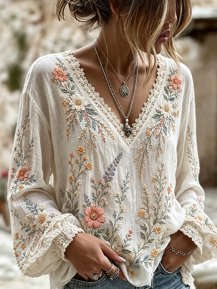 Cardydony Women's Retro Floral Art Flowy Long Sleeve Linen V-neck T-shirt