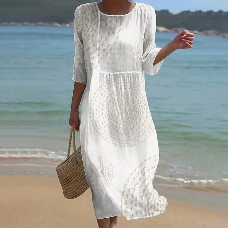 Cardydony Vintage Patchwork Art Pattern Linen Blend Loose Three-quarter Sleeve Dress