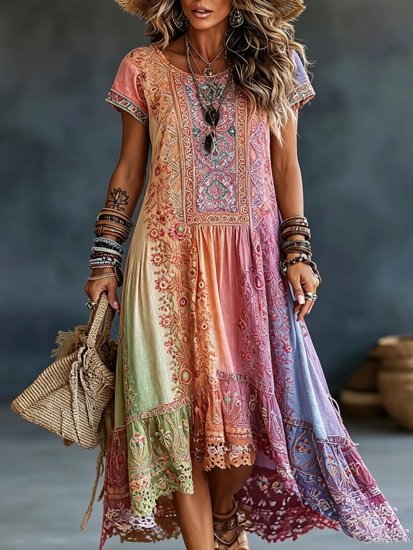 Cardydony Women's Vintage Floral In Hippie Rainbow Art Print Flowy Linen Blend Linen Blend Maxi Dress