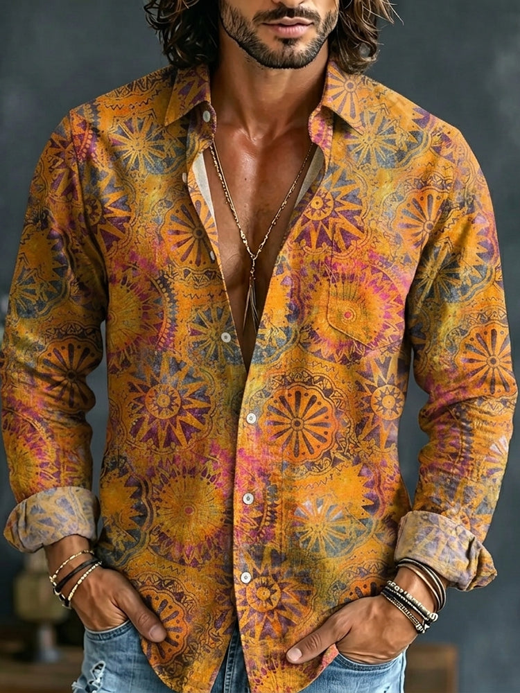 Cardydony Men's Retro Geometric Ethnic Pattern Print Pocket Long Sleeve Shirt