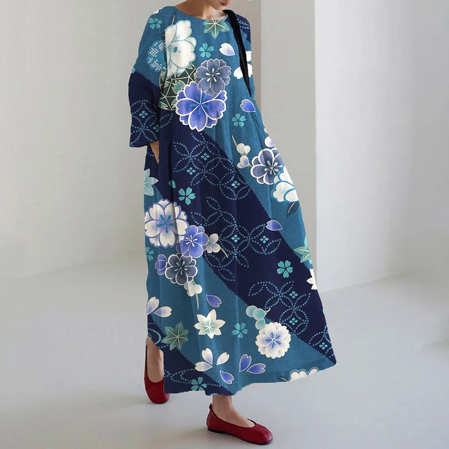 Cardydony Japanese Water Maple Leaves Art Linen Maxi Dress