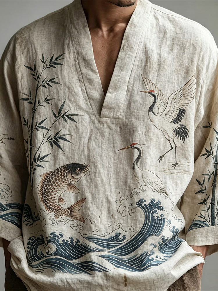 Cardydony Men's Japanese Bamboo Crane Wave Design Short-sleeve Top