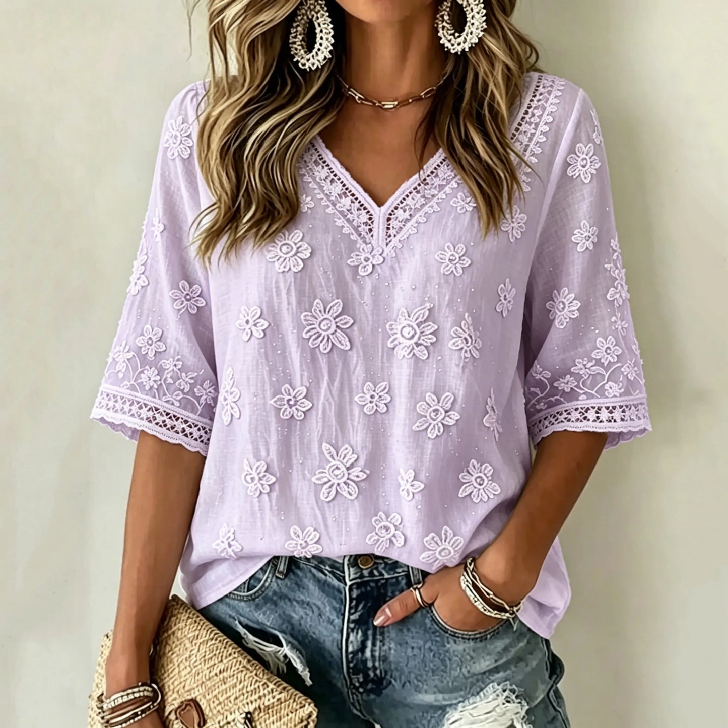 Cardydony Women's White Rose Art Embroidered Art Flowy Linen Blend Three Quarter Sleeves T-shirt