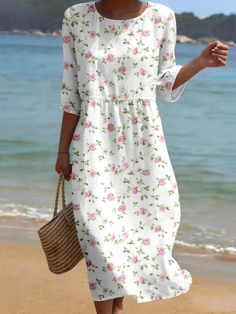 Cardydony Women's Roses Art Pattern Linen Blend Loose Three-quarter Sleeve Dress