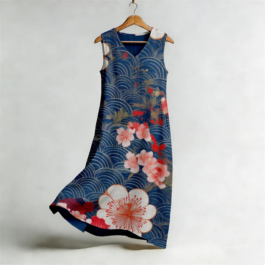 Cardydony Japanese Floral Art V Neck Flowy Linen Midi Dress