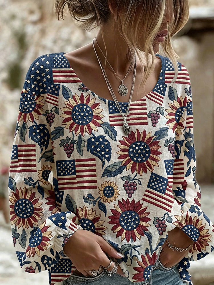 Cardydony Women's Independence Day Flag Sunflower Print Long Sleeve Linen Blend T-shirt