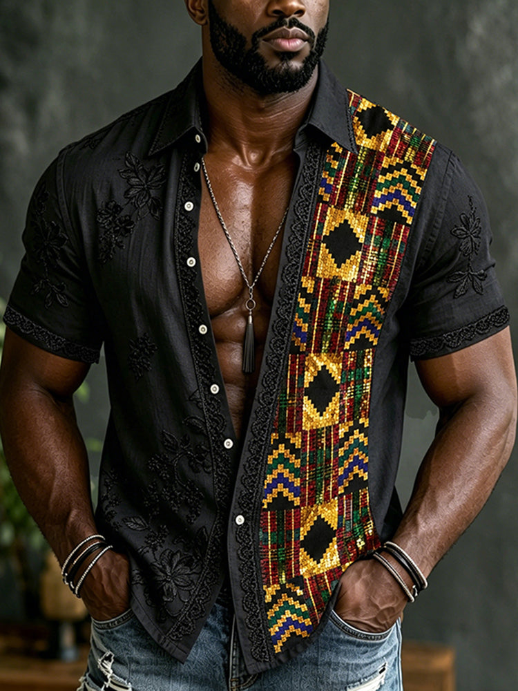 Cardydony Men's Retro Reggae Ethnic Graphics Patchwork Art Casual Linen Short Sleeves Shirt