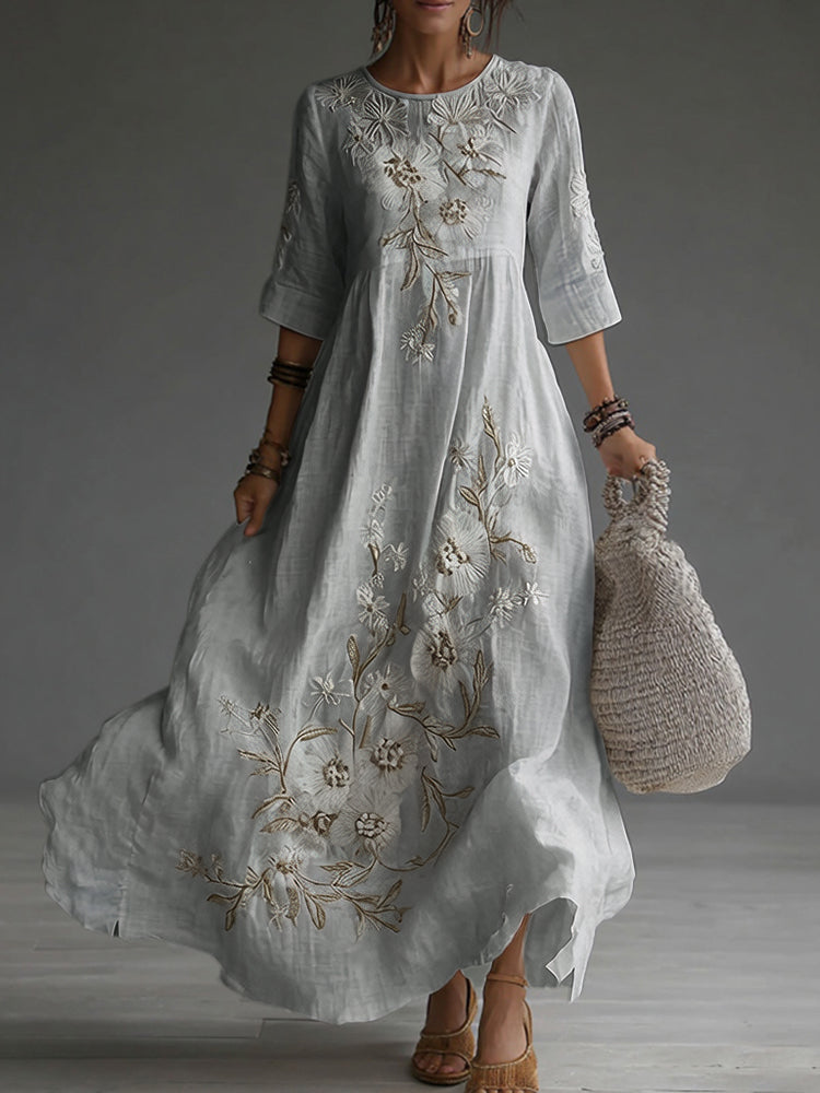 Cardydony Japanese Floral Art Embroidered Casual Linen Maxi Dress