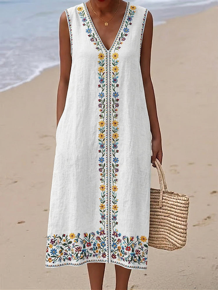 Cardydony Women's Bohemian Floral V-neck Pattern Sleeveless Midi Dress