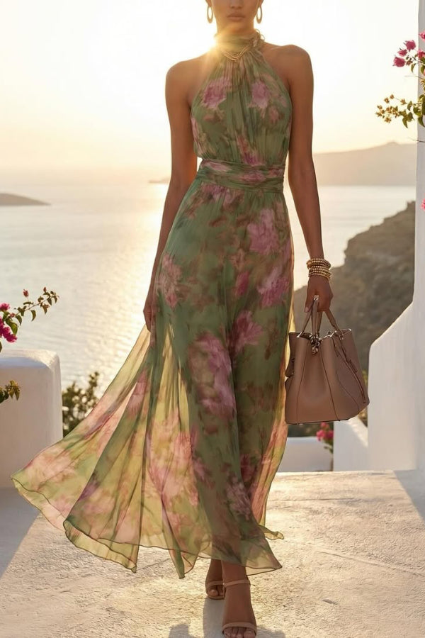 Cardydony Women's Floral Print Halter Neck Sleeveless Fitted Waist Casual Vacation Maxi Dress