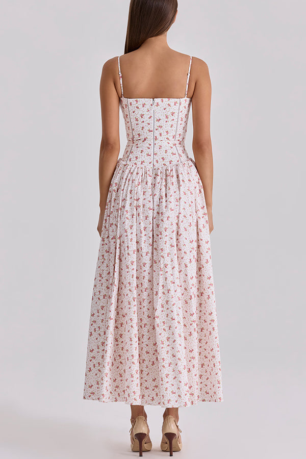 Cardydony Women's Romantic Countryside Stretch Cotton Blend Floral Print Cutout Trim Slip Midi Dress