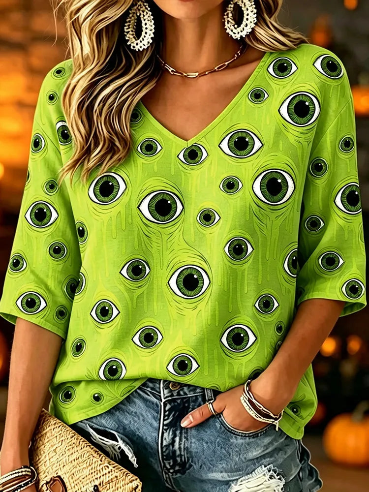 Cardydony Women's Novelty Graphic V-neck Top - Creepy Green Eyeballs All-over Print Casual Tee
