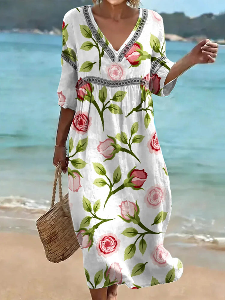 Cardydony Women's Rose Floral Art Pattern Linen Blend Loose Three-quarter Sleeve V Neck Dress