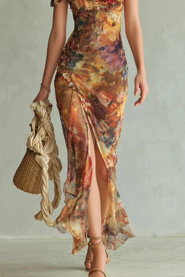 Cardydony Women's Floral Print Short-sleeved Square Neck Ruffled Elegant Slit Maxi Dress