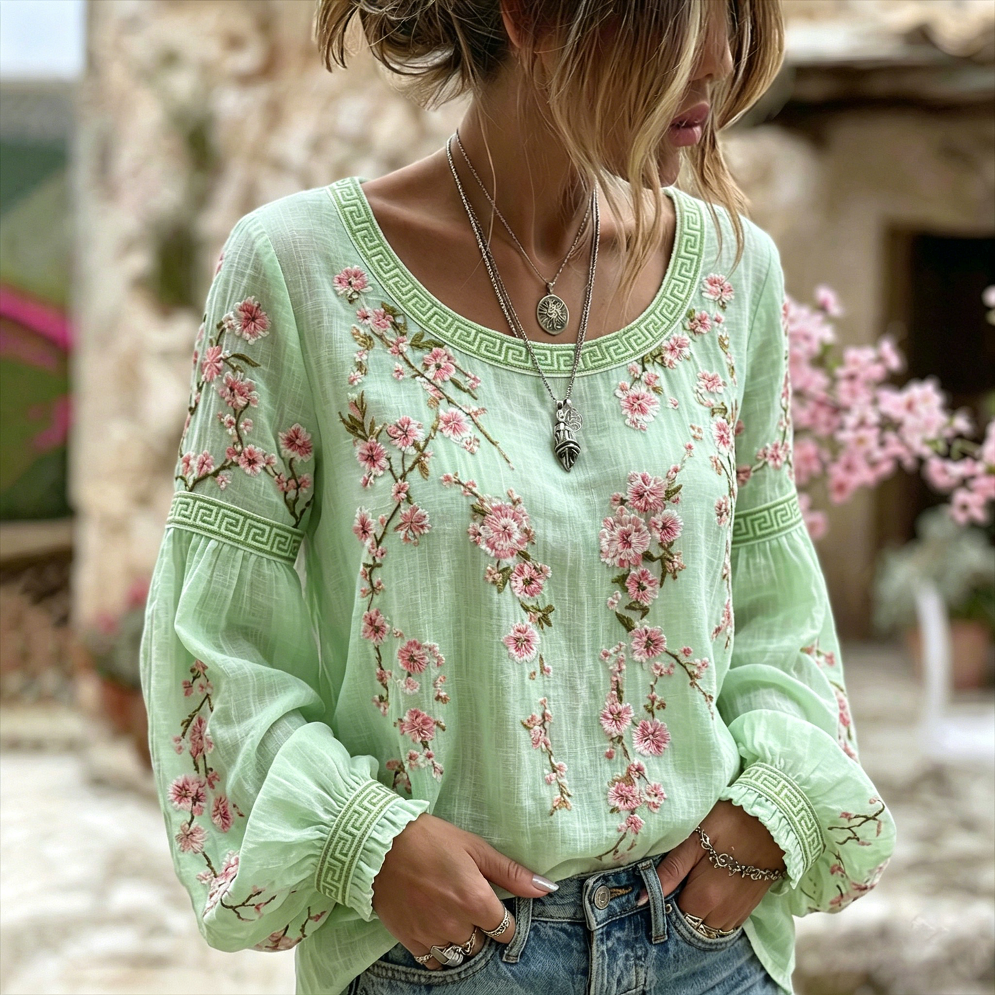 Cardydony Women's Japanese Flower Art Crew Neck Linen Blend T-shirt