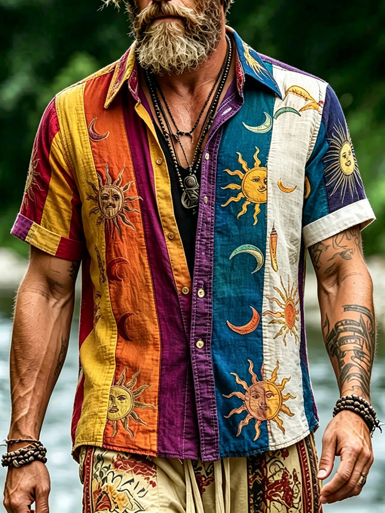 Cardydony Men's Hippie Mysterious Sun And Moon Colorblock Print Shirt