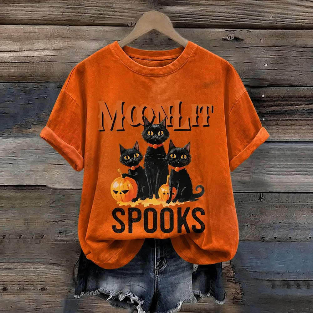 Cardydony Women's Halloween Three Cats Under Moonlight Print Casual Crewneck Short Sleeve T-shirt