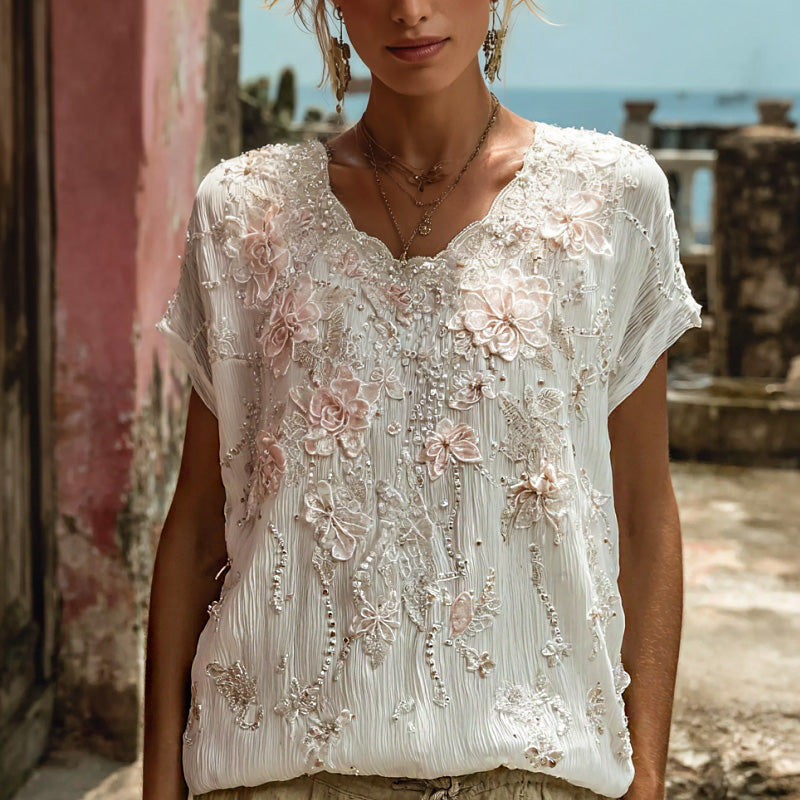 Cardydony Women's Bohemian Style Floral Rose Print Simple And Comfortable Short-sleeve Top