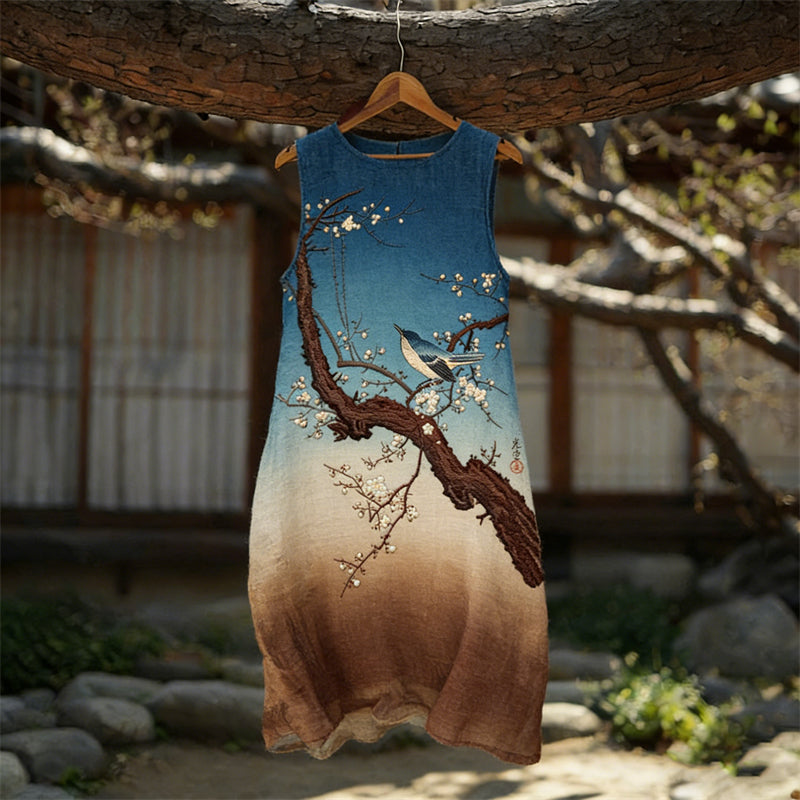 Cardydony Birds Almond Blossom Japanese Art Gradient Linen Tank Dress