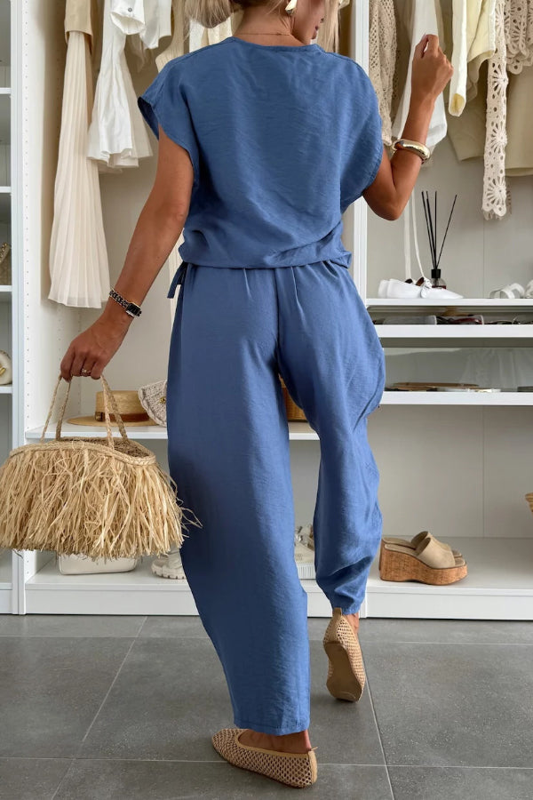Cardydony Women's Linen Blend Solid Color V-neck Short-sleeved Top and Elastic Waist Pocket Bloomers Pants Set
