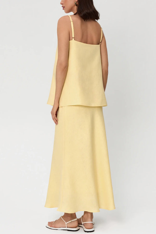 Cardydony Women's Linen Blend Loose Square Neck Camisole Top and Elegant Resort Maxi Skirt Set