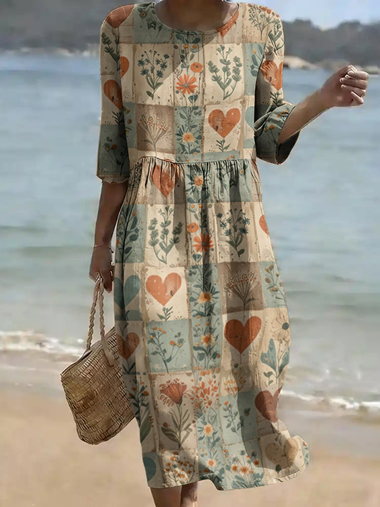 Cardydony Women's Flowers Love Pattern Linen Blend Loose Three-quarter Sleeve Dress