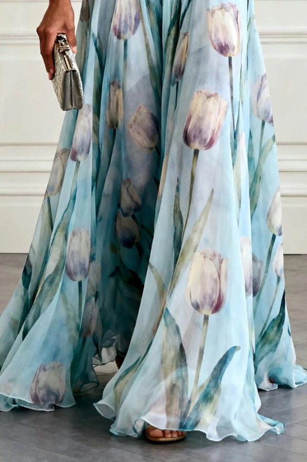 Cardydony Women's Tulip Print V-Neck Sleeveless Elegant Waist-Defining Maxi Dress