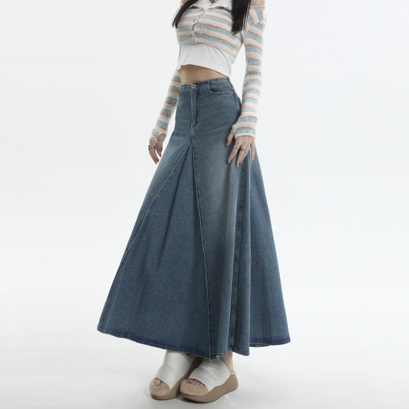 Cardydony Women's Vintage-Inspired A-Line Denim Maxi Skirt
