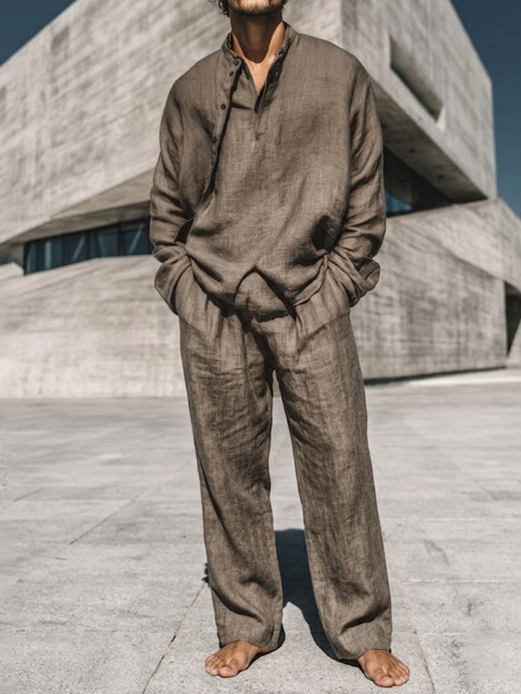 Cardydony Men's Natural Style Irregular Collar Design Cotton Shirt And Pants Set