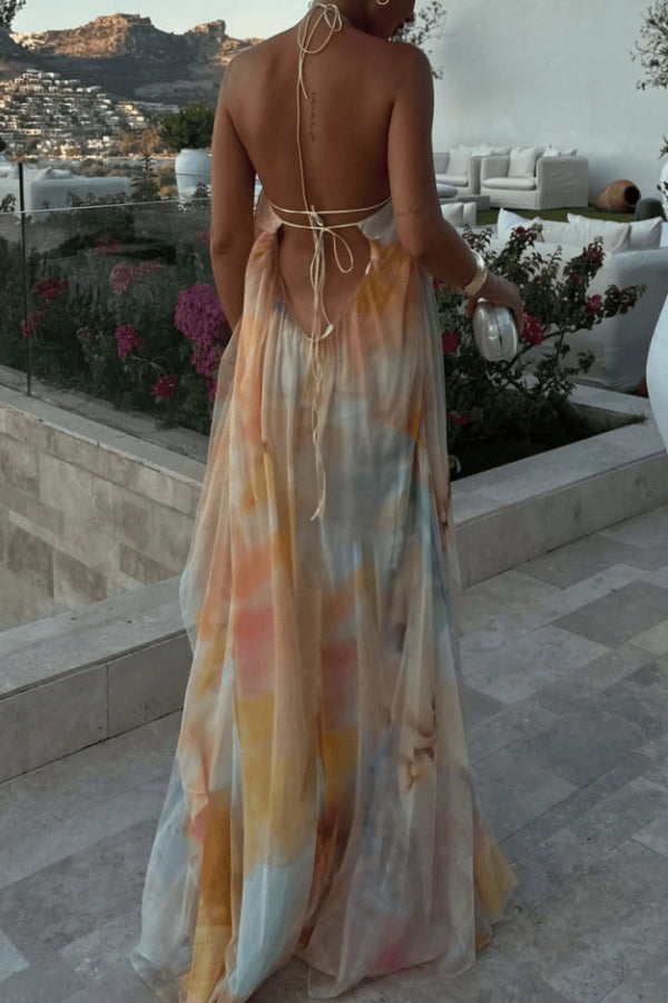Cardydony Women's Fashionable Tie-dye Halter Neck Backless Loose Vacation Maxi Dress
