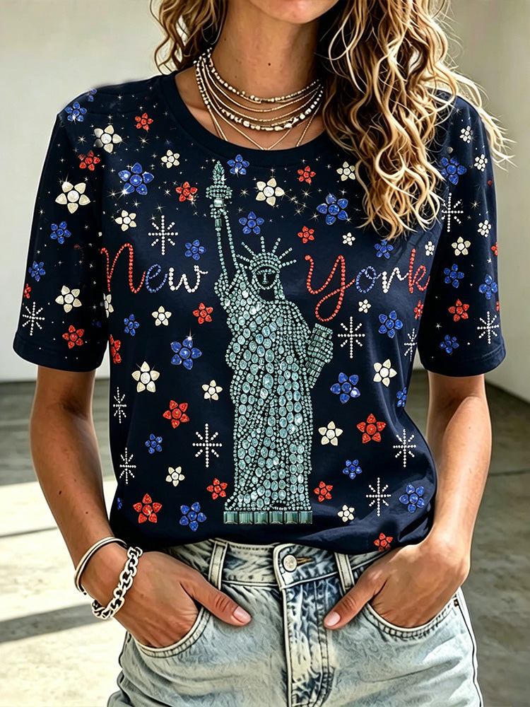 Cardydony Women's Usa Anniversary Sculpture Rhinestone Art Casual T-shirt