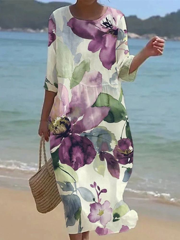 Cardydony Women's Floral Art Pattern Linen Blend Loose Three-quarter Sleeve Dress