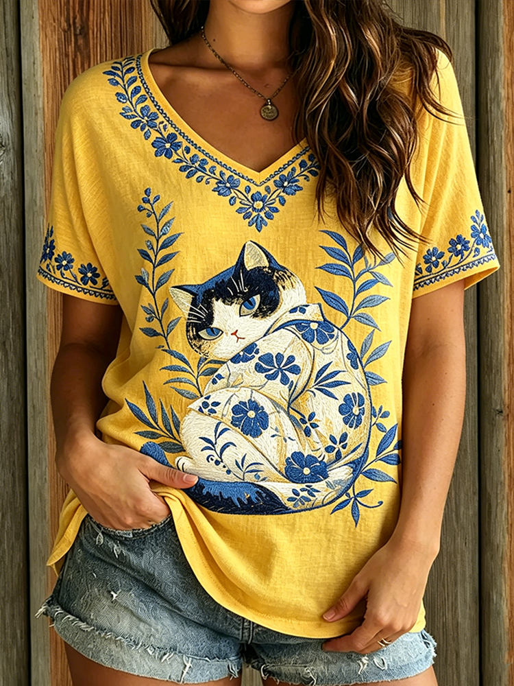 Cardydony Cat And Plant Flower Pattern Casual Washed T-shirt