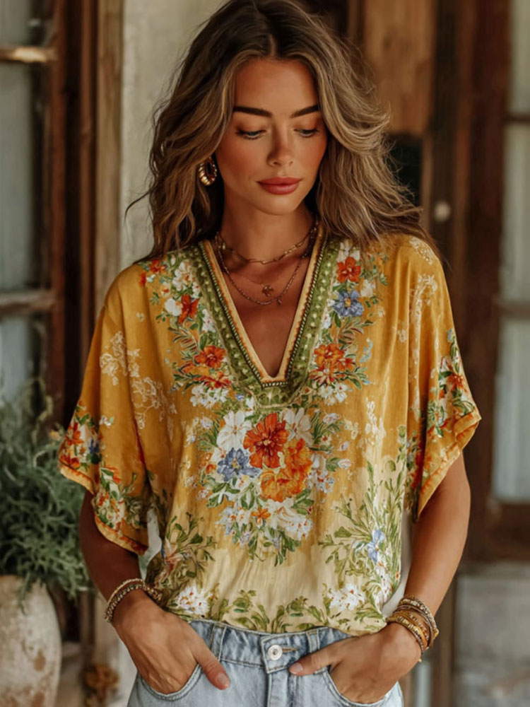 Cardydony Women's Retro Floral Art Print Cotton Linen V-neck Short Sleeve T-shirt