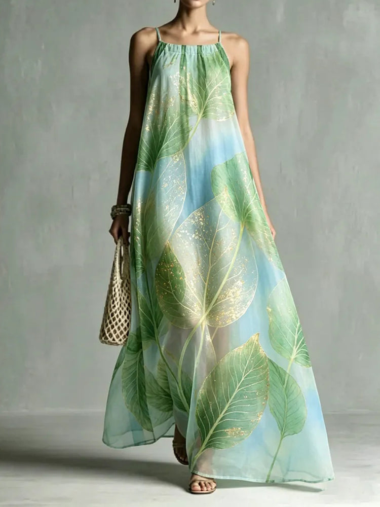 Cardydony Women's Loose Leaf Print Slim Collar Maxi Dress