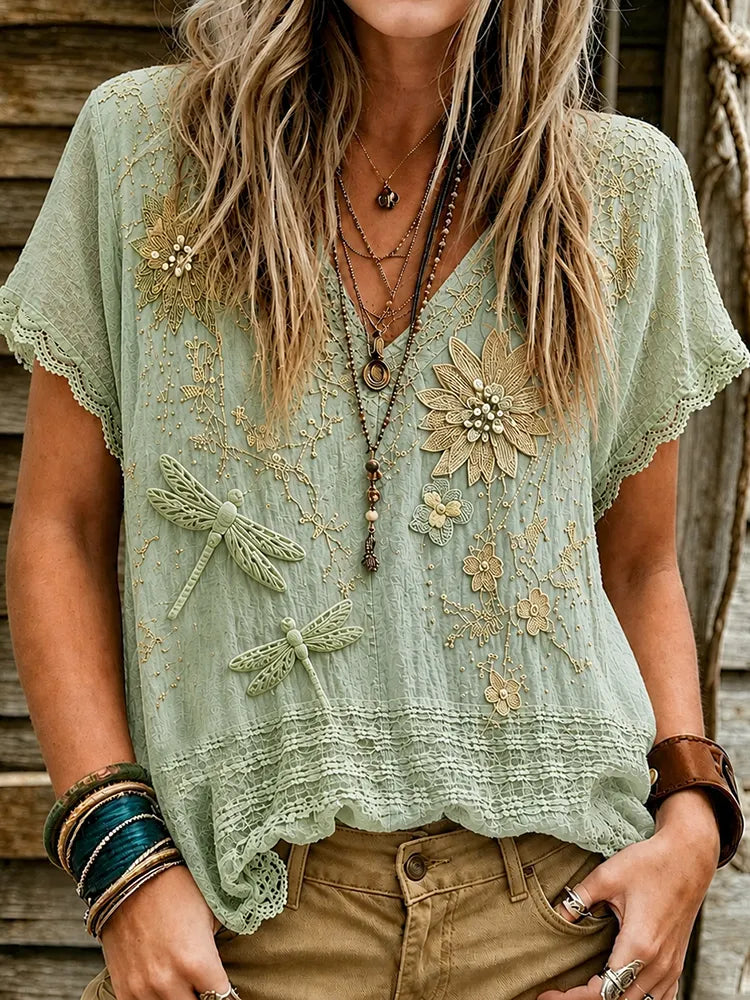 Cardydony Women's Bohemian Floral With Dragonfly Embroidered Casual Short Sleeve T-shirt