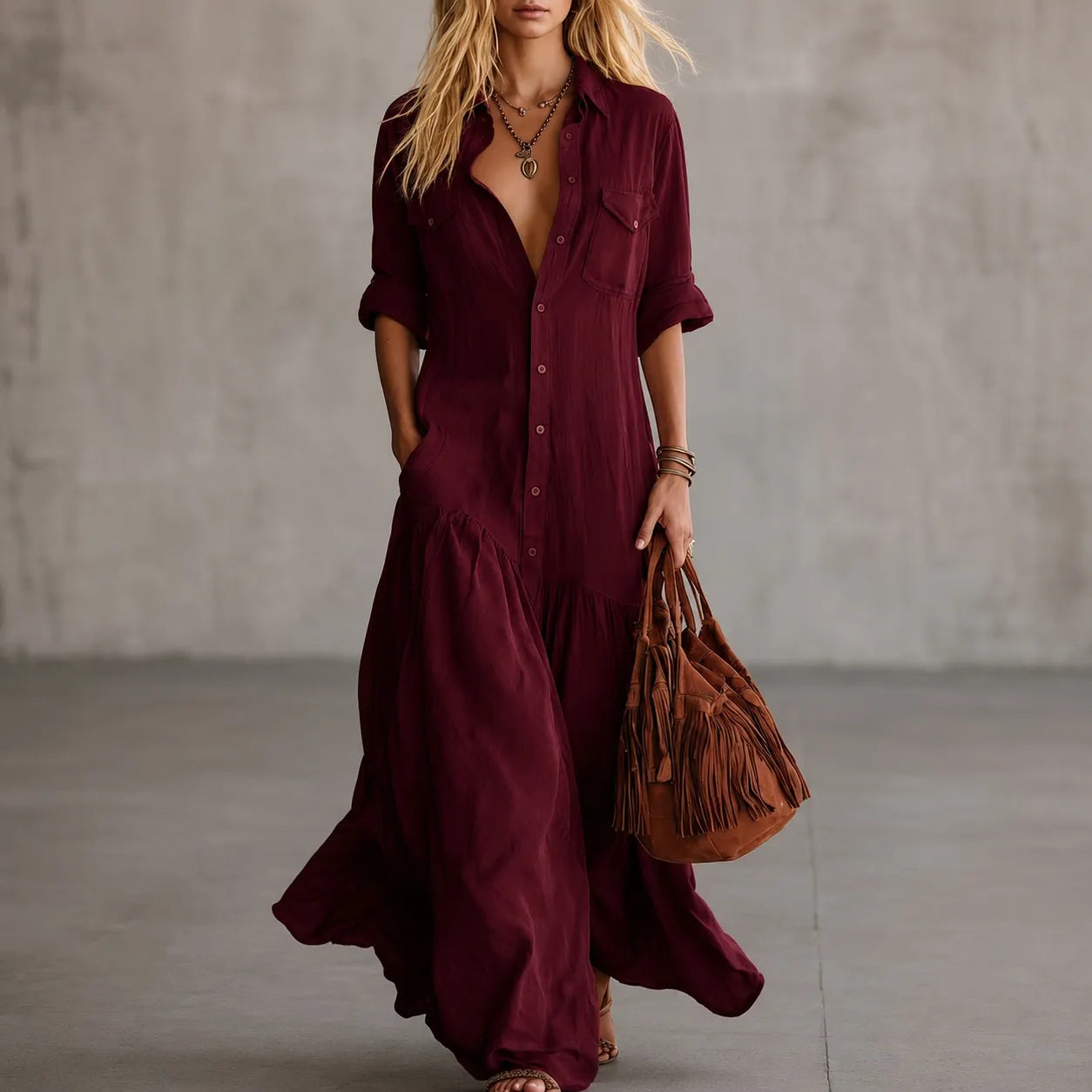 Cardydony Vacation Loose Long Shirt Dress Maxi Dress