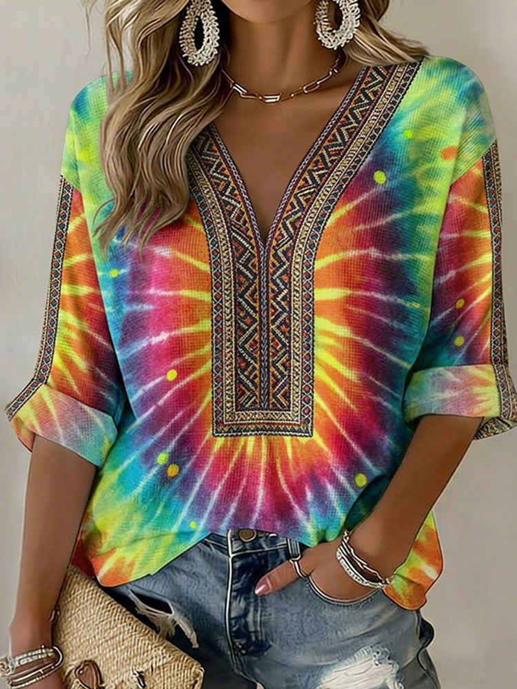 Cardydony Women's Tie-dye Ethnic Art Pattern Printed Casual Long-sleeve T-shirt