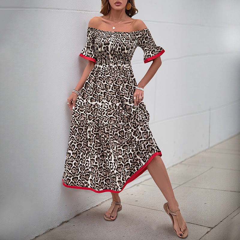 Cardydony Women's Leopard Print Off-Shoulder Maxi Dress | Smocked Boho Dress